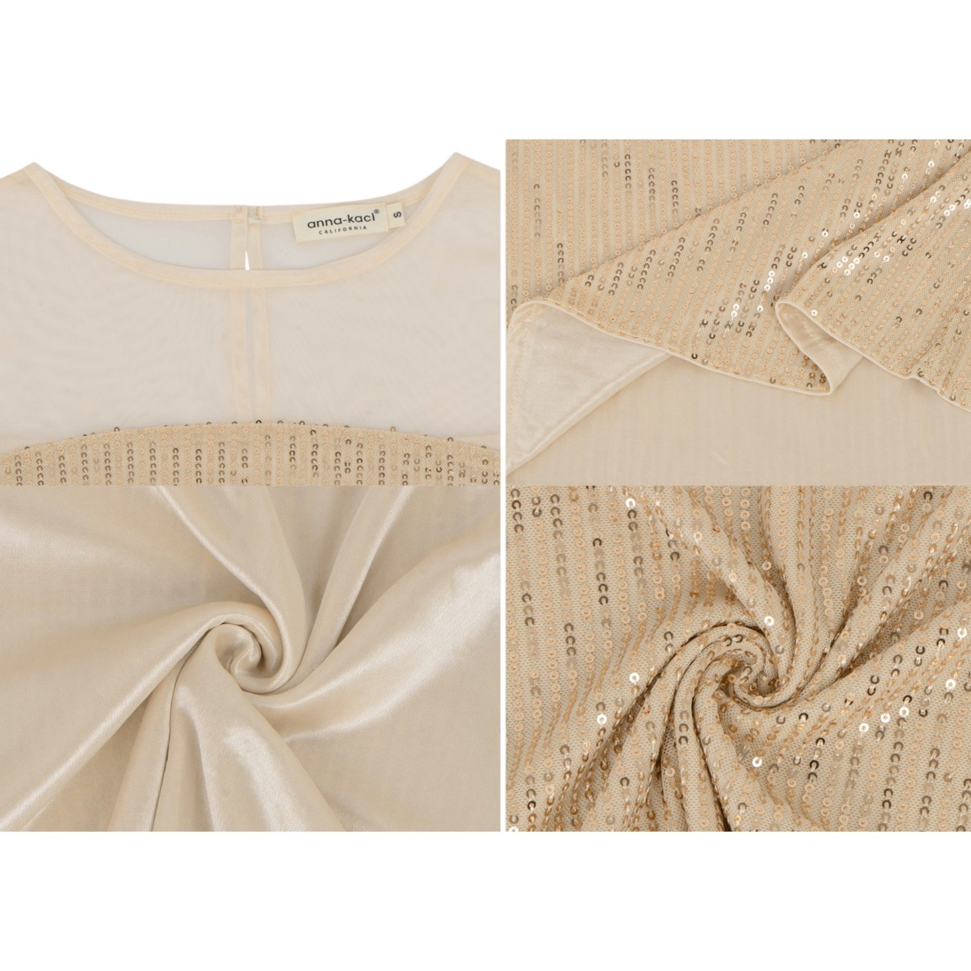 Anna-Kaci Women's Sheer Mesh Long Sleeve Top with Sequin Front Panel and Crew Neckline