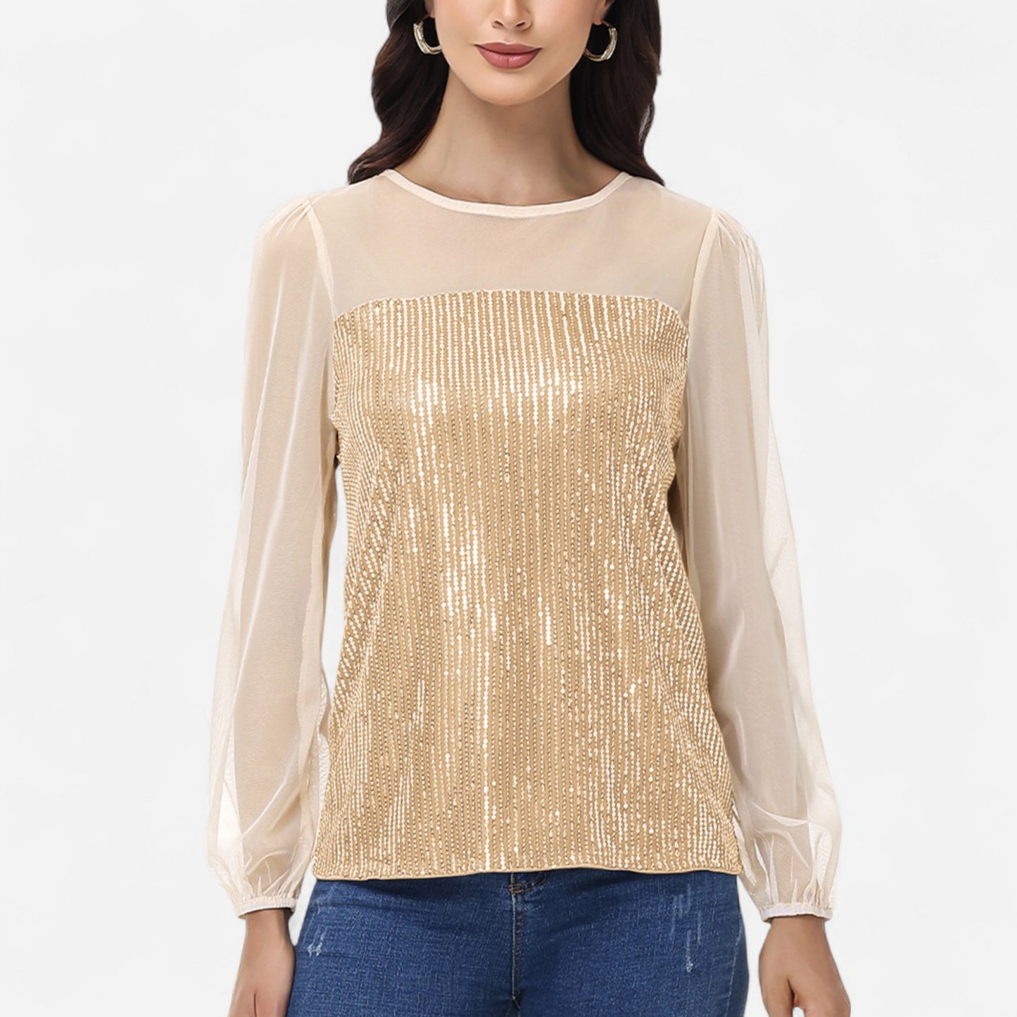 Anna-Kaci Women's Sheer Mesh Long Sleeve Top with Sequin Front Panel and Crew Neckline