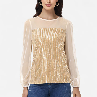 Anna-Kaci Women's Sheer Mesh Long Sleeve Top with Sequin Front Panel and Crew Neckline