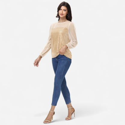 Anna-Kaci Women's Sheer Mesh Long Sleeve Top with Sequin Front Panel and Crew Neckline