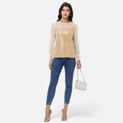 Anna-Kaci Women's Sheer Mesh Long Sleeve Top with Sequin Front Panel and Crew Neckline