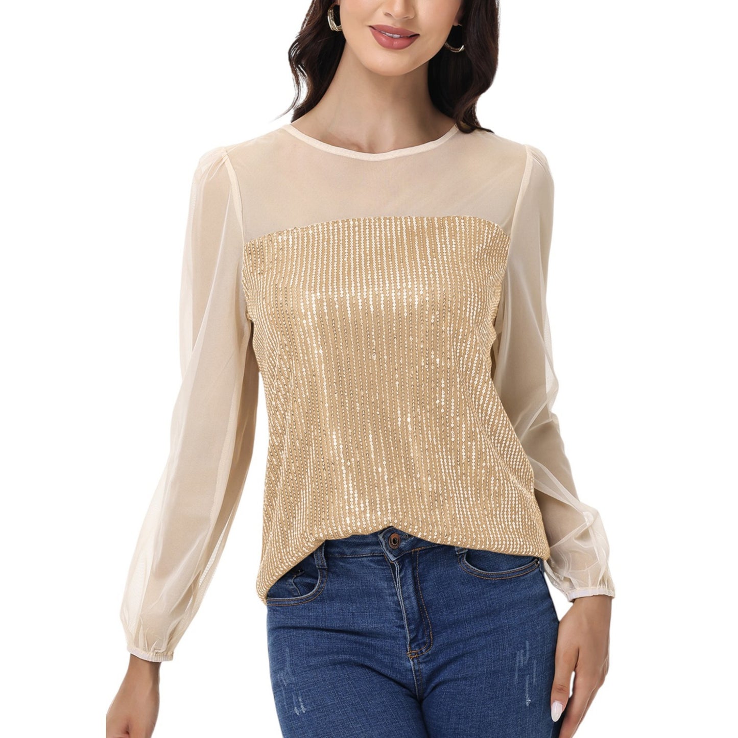 Anna-Kaci Women's Sheer Mesh Long Sleeve Top with Sequin Front Panel and Crew Neckline