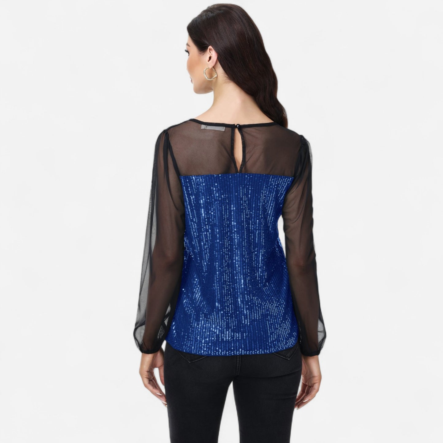 Anna-Kaci Women's Sheer Mesh Long Sleeve Top with Sequin Front Panel and Crew Neckline
