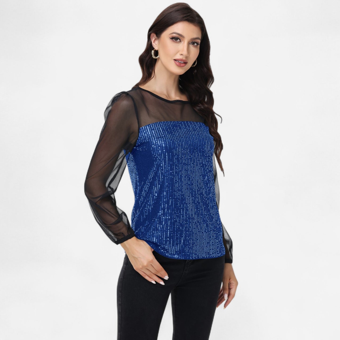 Anna-Kaci Women's Sheer Mesh Long Sleeve Top with Sequin Front Panel and Crew Neckline