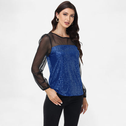 Anna-Kaci Women's Sheer Mesh Long Sleeve Top with Sequin Front Panel and Crew Neckline