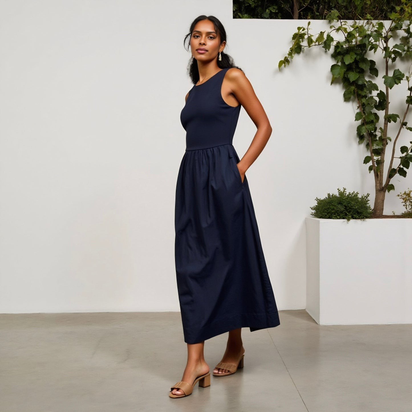 Anna-Kaci Women's Sleeveless Crew Neck Fit and Flare Midi Dress with Gathered Waist and Pockets