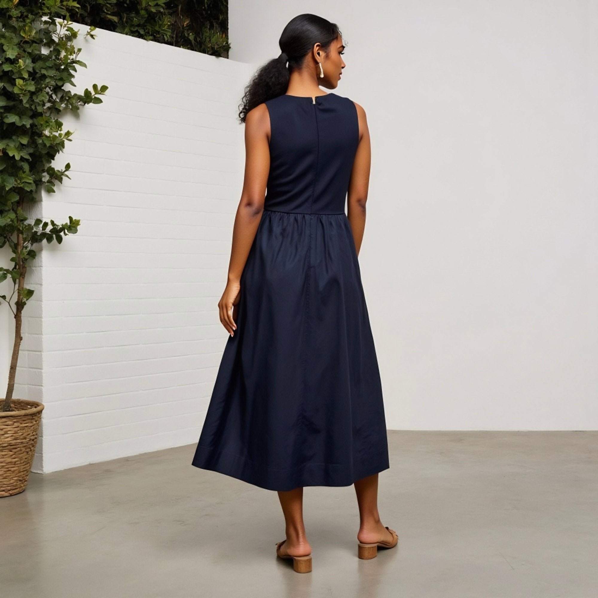 Anna-Kaci Women's Sleeveless Crew Neck Fit and Flare Midi Dress with Gathered Waist and Pockets
