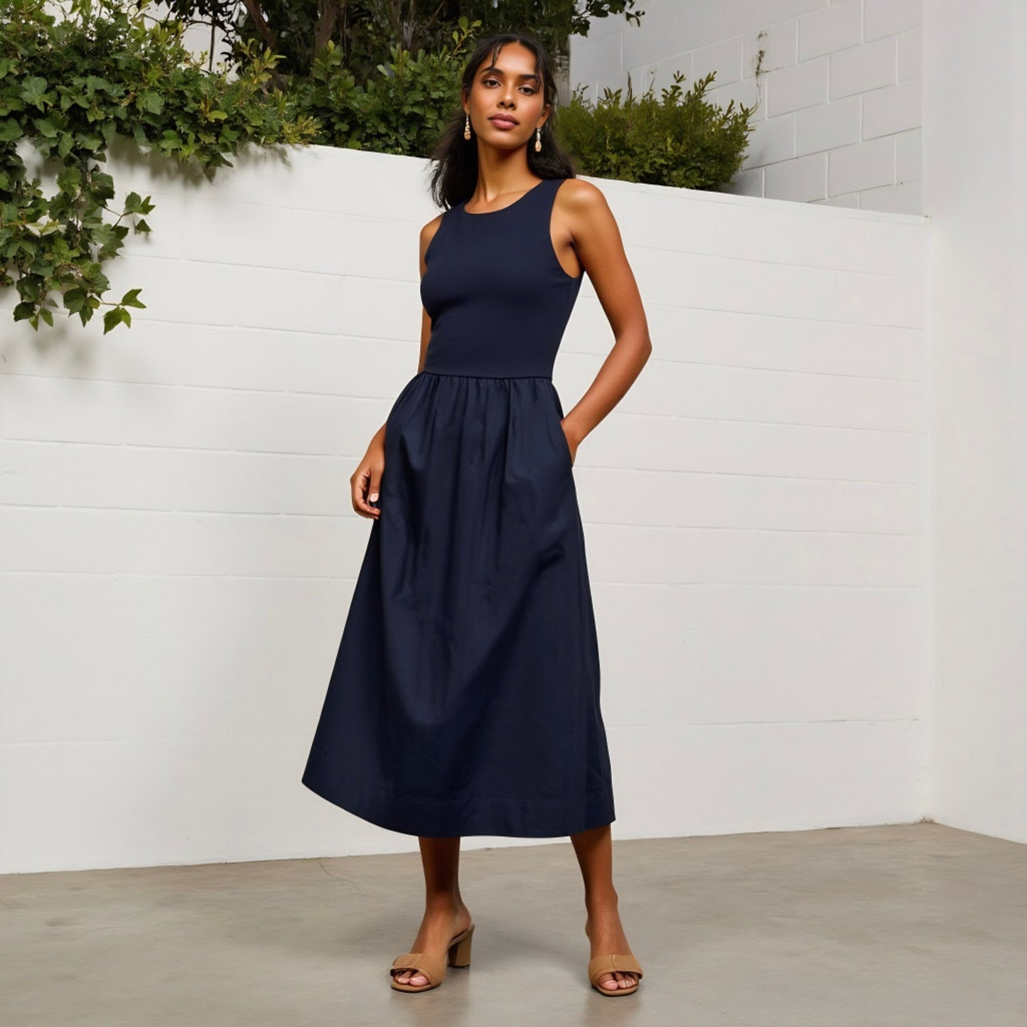 Anna-Kaci Women's Sleeveless Crew Neck Fit and Flare Midi Dress with Gathered Waist and Pockets