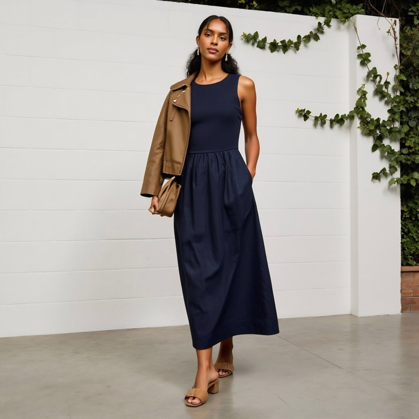 Anna-Kaci Women's Sleeveless Crew Neck Fit and Flare Midi Dress with Gathered Waist and Pockets