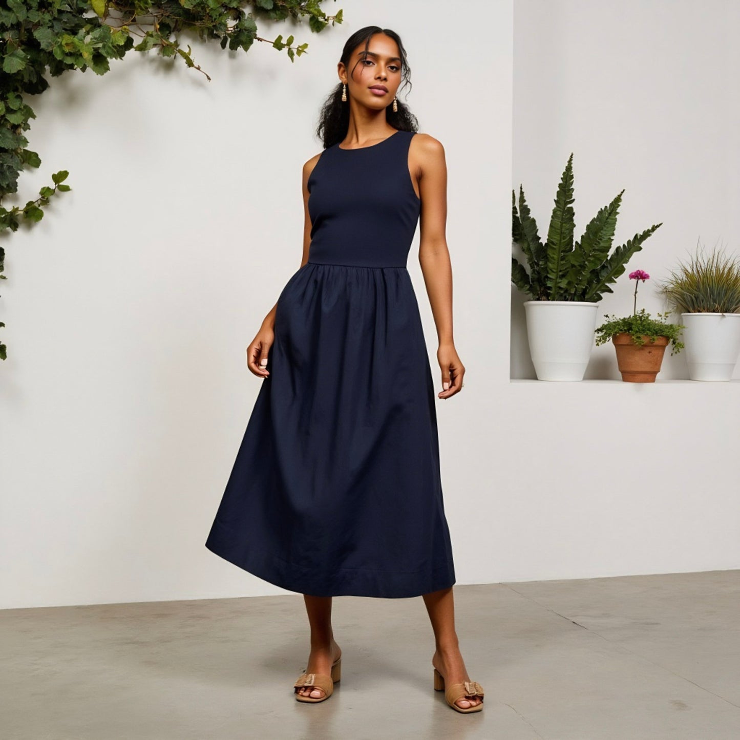 Anna-Kaci Women's Sleeveless Crew Neck Fit and Flare Midi Dress with Gathered Waist and Pockets