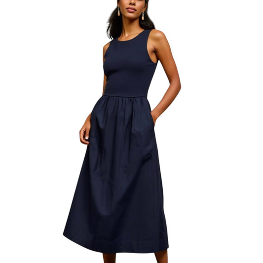 Anna-Kaci Women's Sleeveless Crew Neck Fit and Flare Midi Dress with Gathered Waist and Pockets