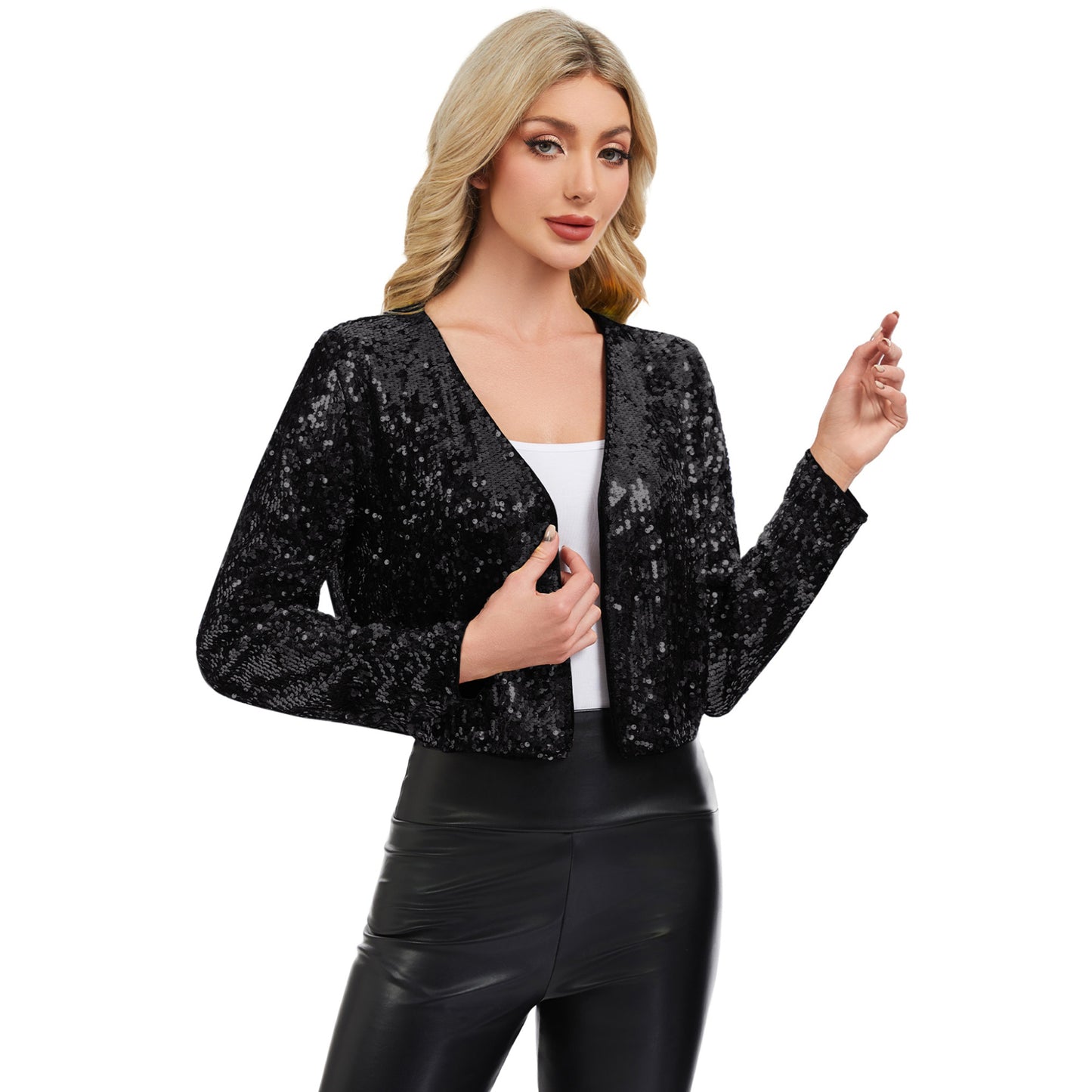 Anna-Kaci Women's Sequin Open Front Cardigan with Long Sleeves and Cropped Fit