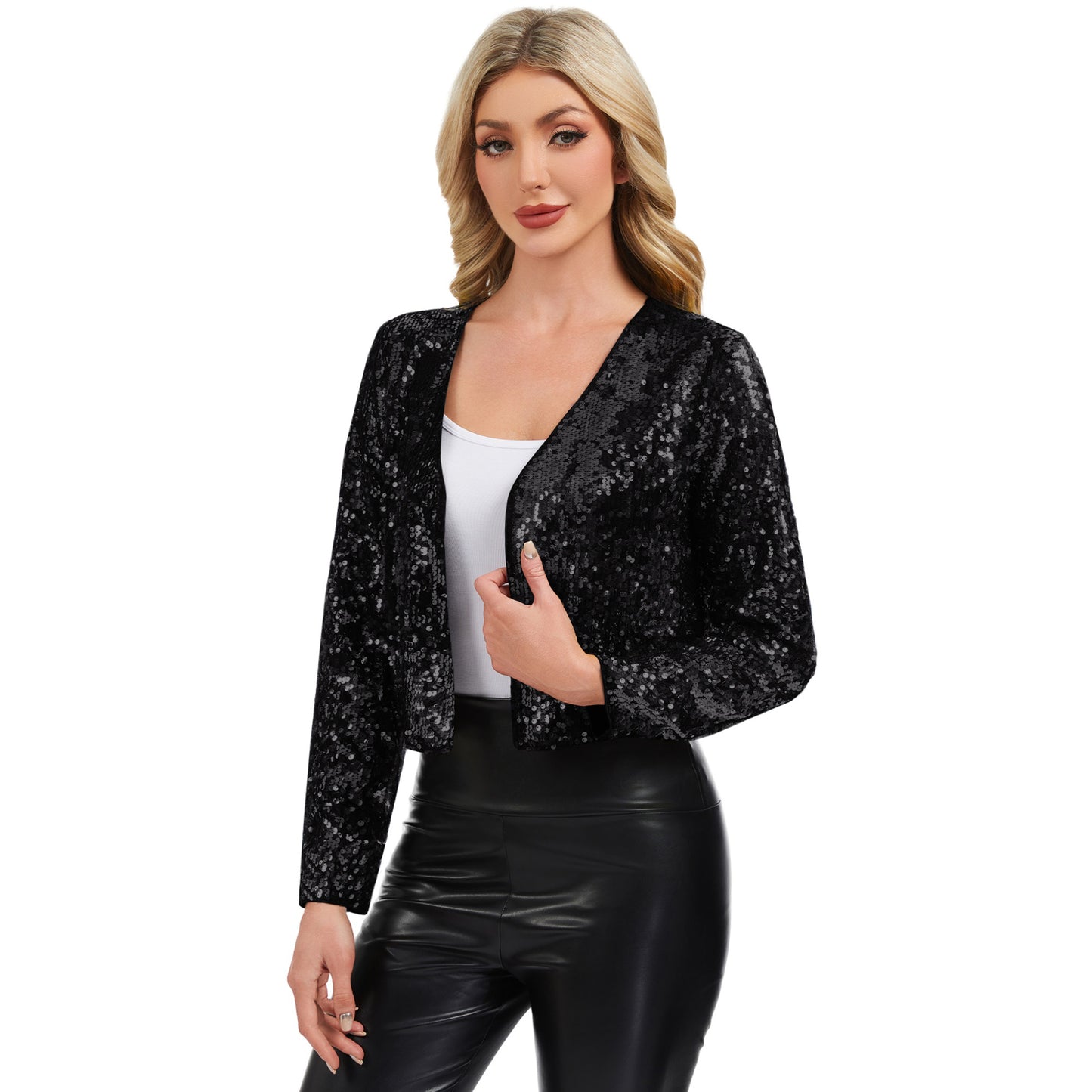 Anna-Kaci Women's Sequin Open Front Cardigan with Long Sleeves and Cropped Fit