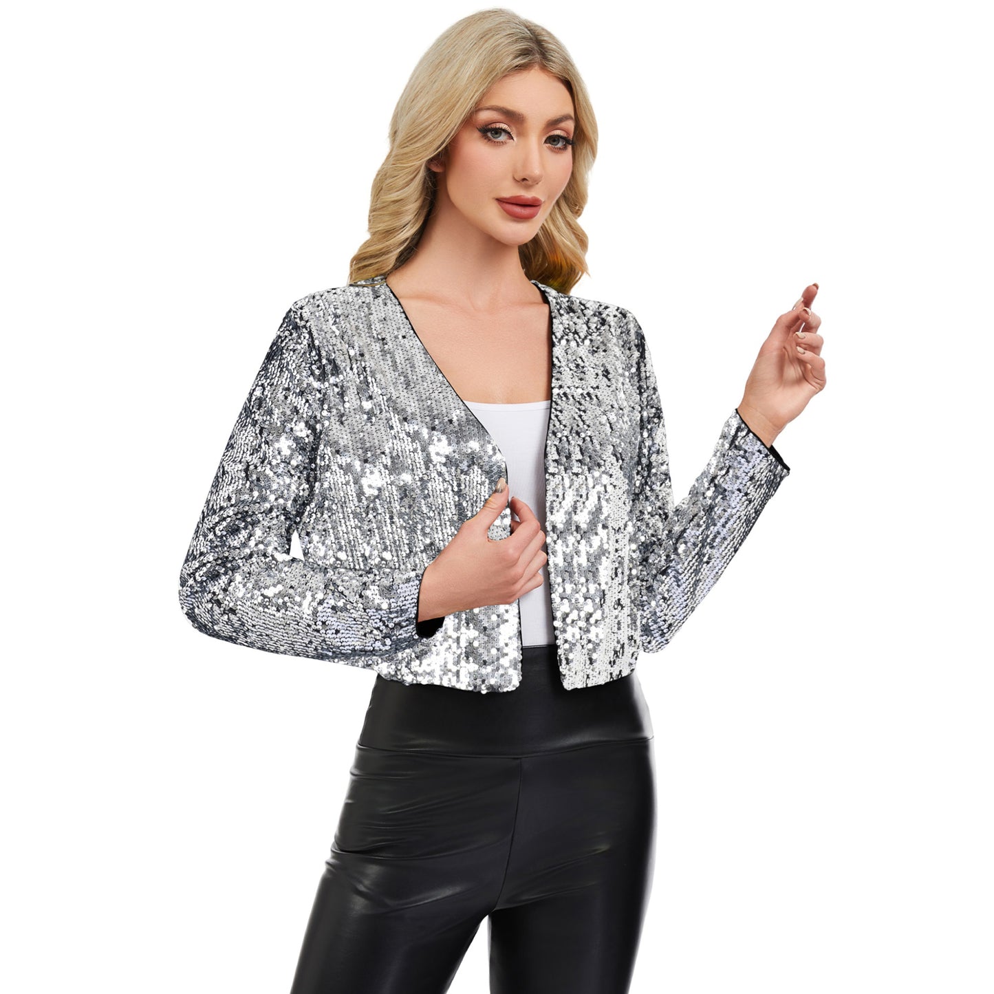 Anna-Kaci Women's Sequin Open Front Cardigan with Long Sleeves and Cropped Fit