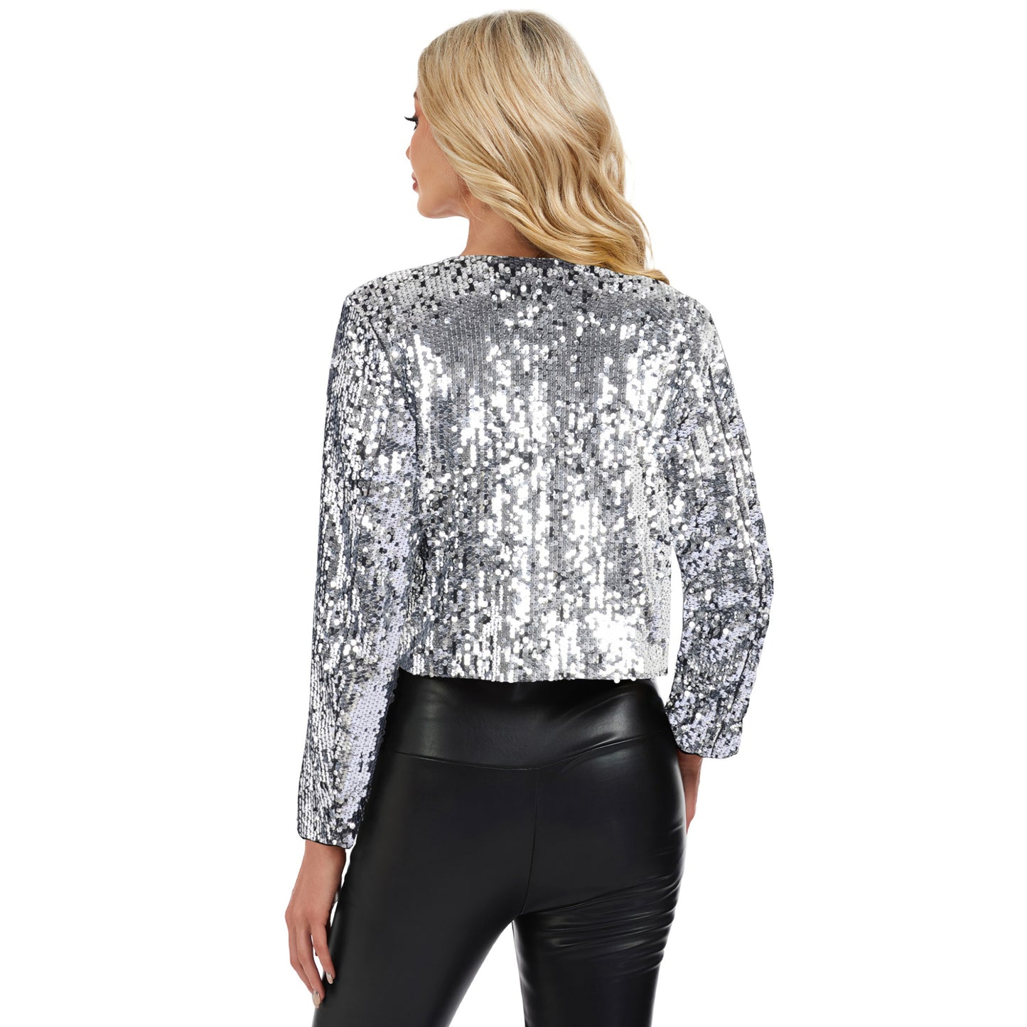 Anna-Kaci Women's Sequin Open Front Cardigan with Long Sleeves and Cropped Fit