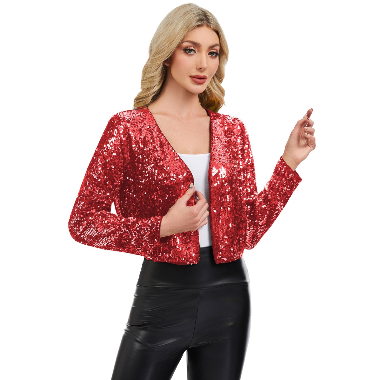 Anna-Kaci Women's Sequin Open Front Cardigan with Long Sleeves and Cropped Fit