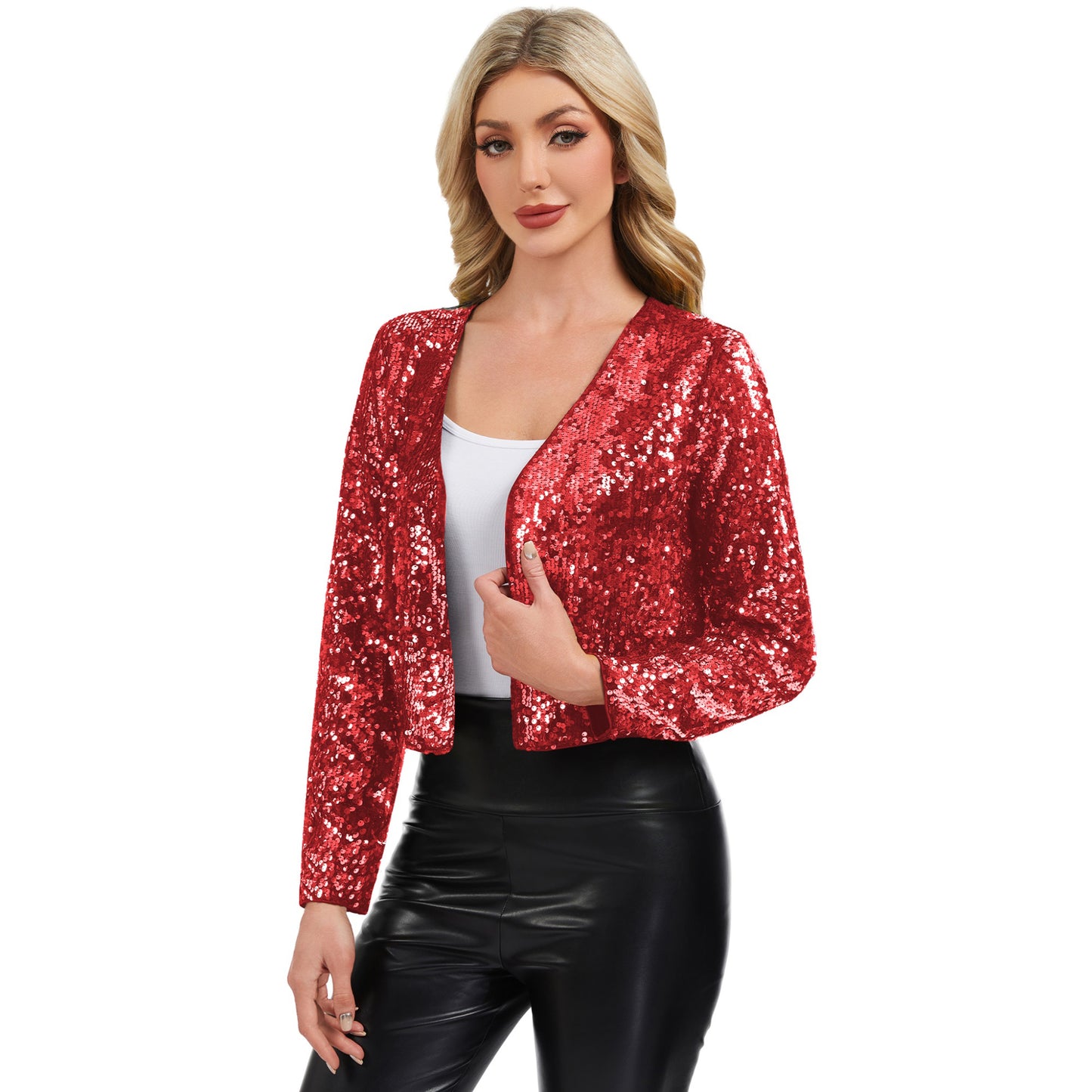 Anna-Kaci Women's Sequin Open Front Cardigan with Long Sleeves and Cropped Fit