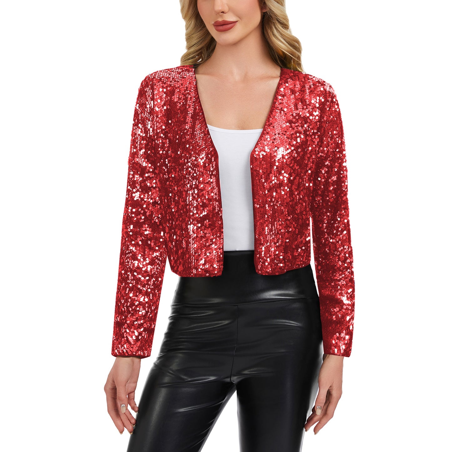Anna-Kaci Women's Sequin Open Front Cardigan with Long Sleeves and Cropped Fit