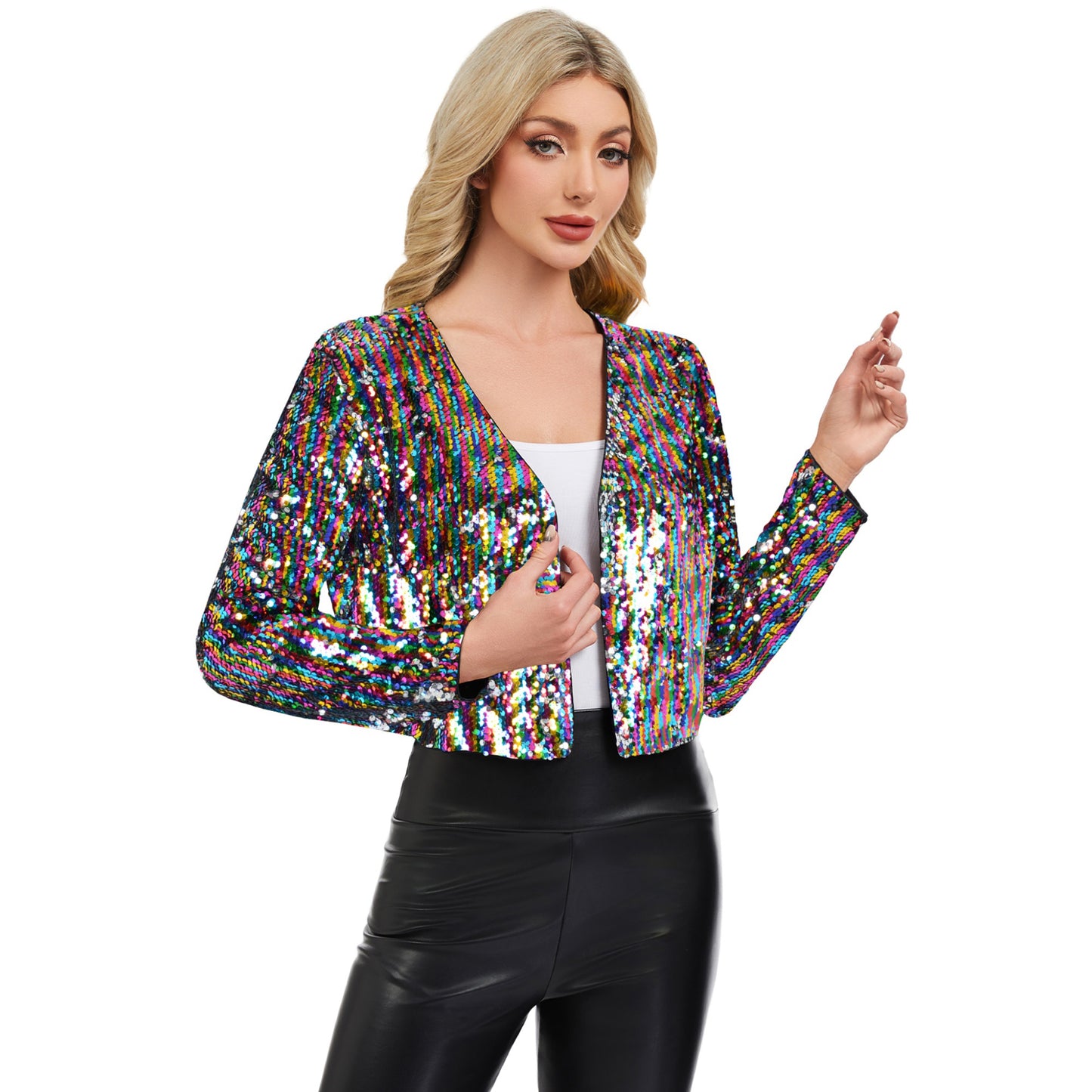 Anna-Kaci Women's Sequin Open Front Cardigan with Long Sleeves and Cropped Fit