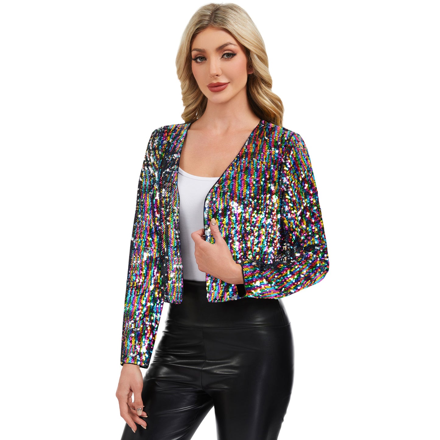 Anna-Kaci Women's Sequin Open Front Cardigan with Long Sleeves and Cropped Fit
