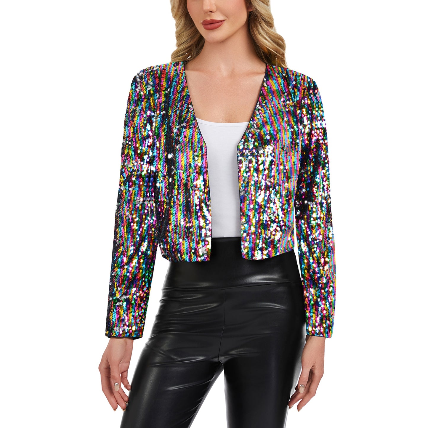Anna-Kaci Women's Sequin Open Front Cardigan with Long Sleeves and Cropped Fit