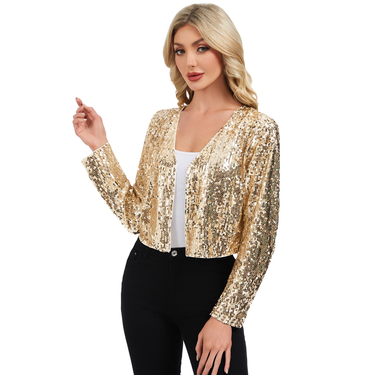 Anna-Kaci Women's Sequin Open Front Cardigan with Long Sleeves and Cropped Fit