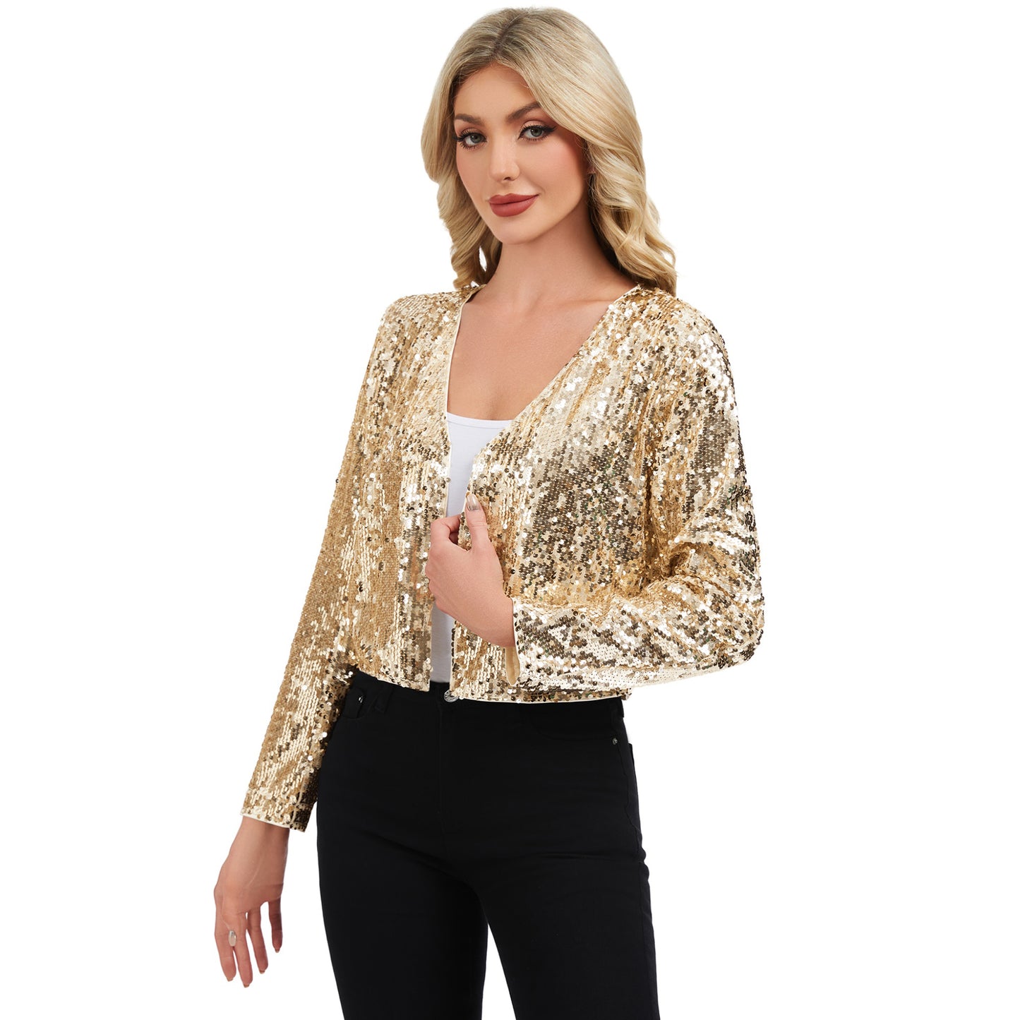Anna-Kaci Women's Sequin Open Front Cardigan with Long Sleeves and Cropped Fit
