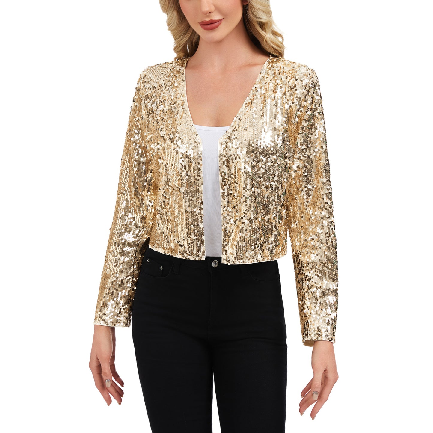 Anna-Kaci Women's Sequin Open Front Cardigan with Long Sleeves and Cropped Fit