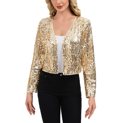 Anna-Kaci Women's Sequin Open Front Cardigan with Long Sleeves and Cropped Fit