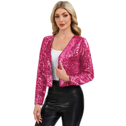 Anna-Kaci Women's Sequin Open Front Cardigan with Long Sleeves and Cropped Fit