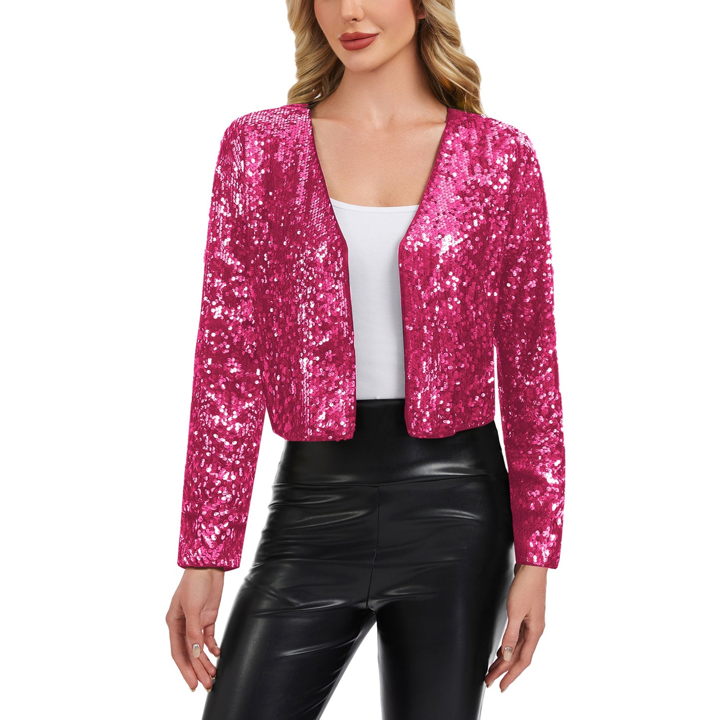 Anna-Kaci Women's Sequin Open Front Cardigan with Long Sleeves and Cropped Fit