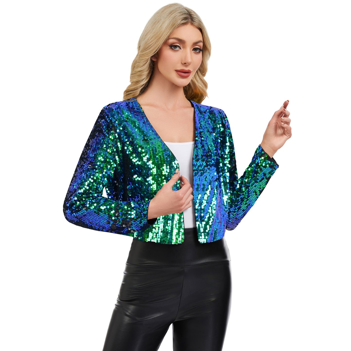 Anna-Kaci Women's Sequin Open Front Cardigan with Long Sleeves and Cropped Fit