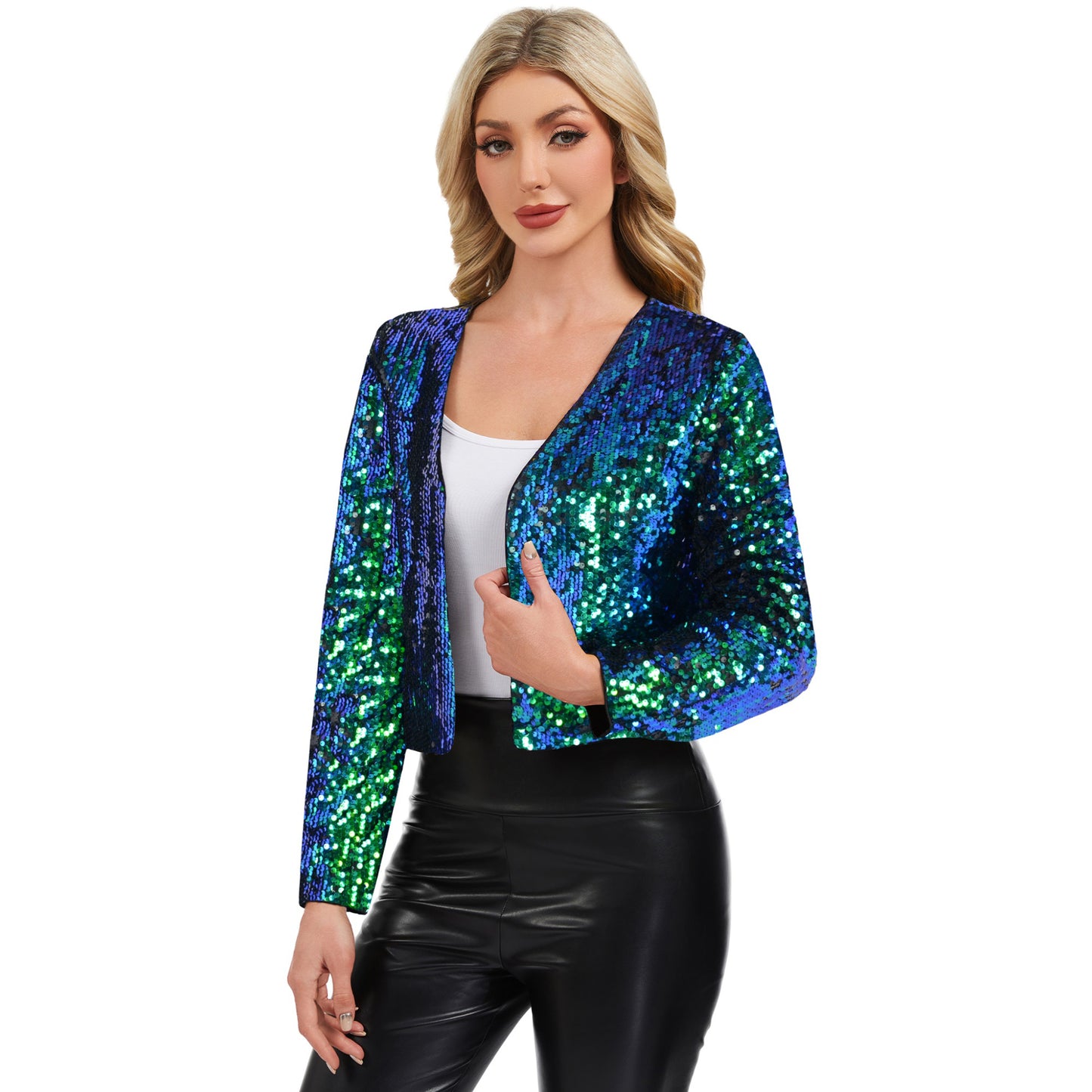 Anna-Kaci Women's Sequin Open Front Cardigan with Long Sleeves and Cropped Fit