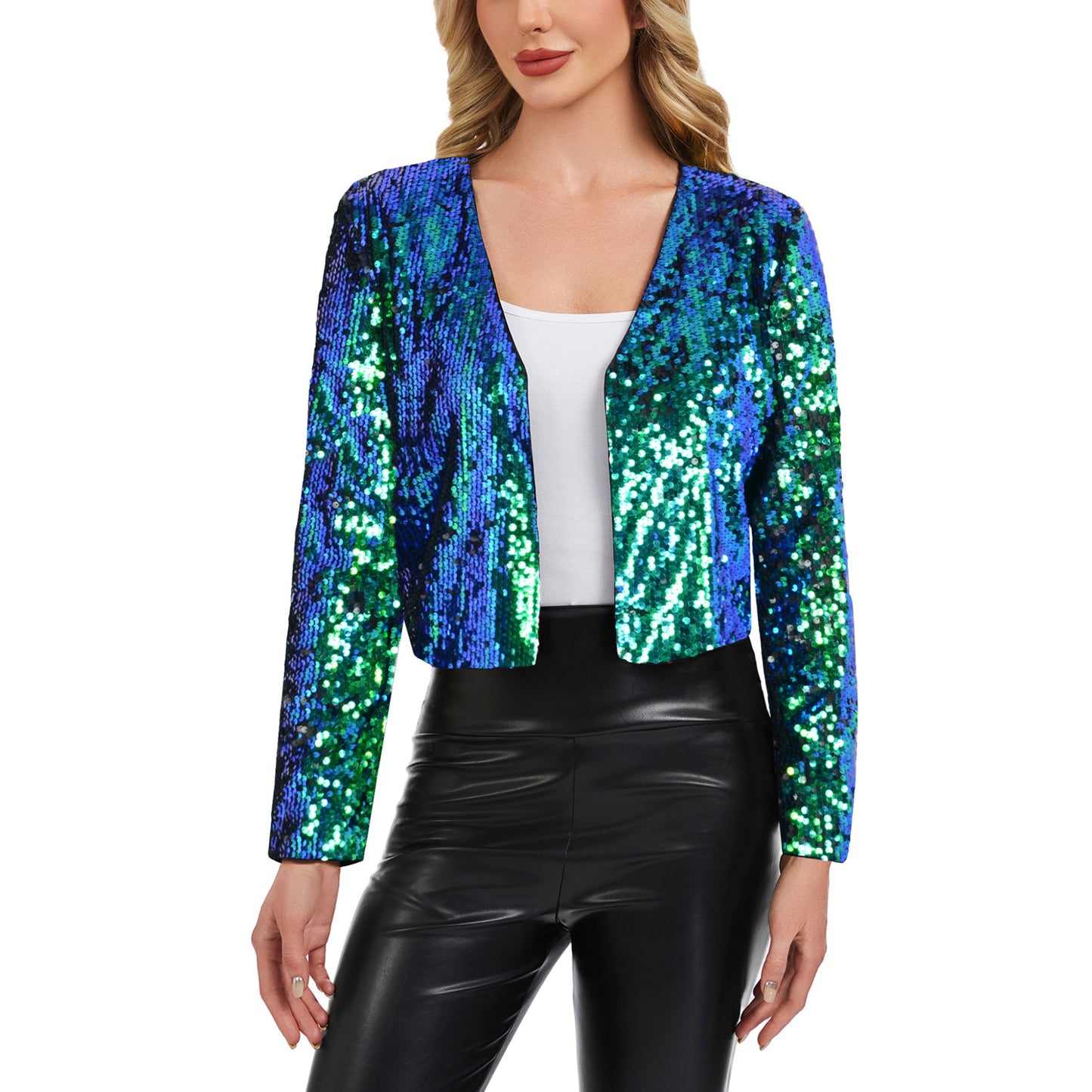 Anna-Kaci Women's Sequin Open Front Cardigan with Long Sleeves and Cropped Fit