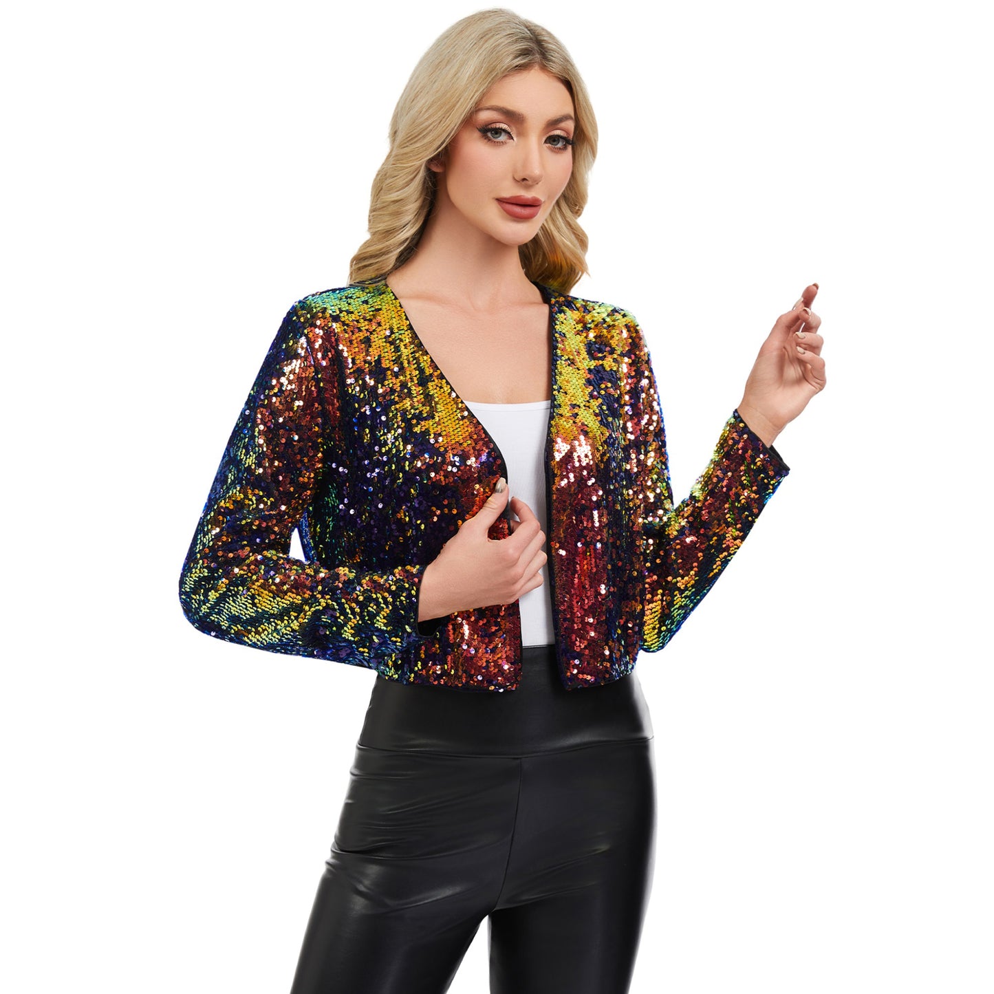 Anna-Kaci Women's Sequin Open Front Cardigan with Long Sleeves and Cropped Fit