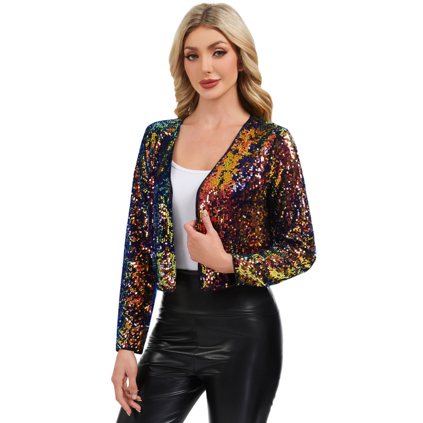 Anna-Kaci Women's Sequin Open Front Cardigan with Long Sleeves and Cropped Fit