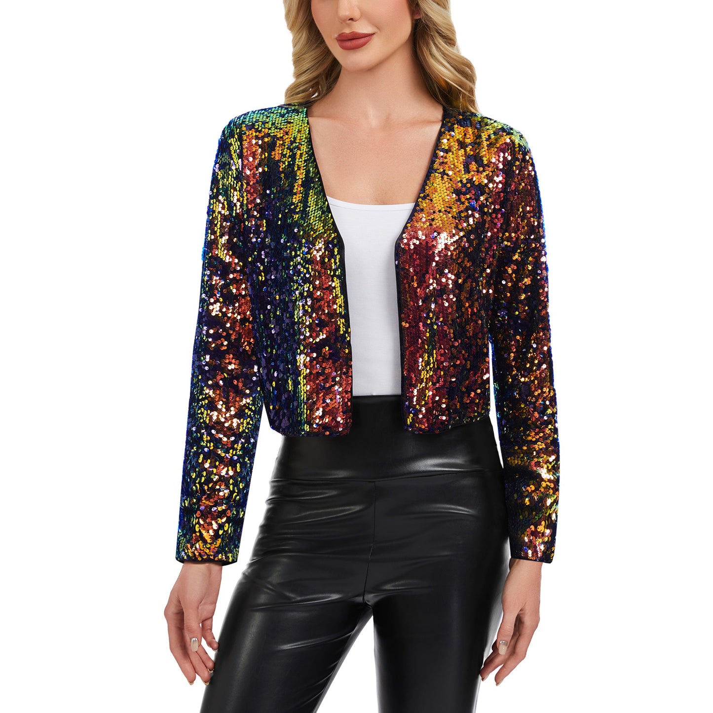 Anna-Kaci Women's Sequin Open Front Cardigan with Long Sleeves and Cropped Fit
