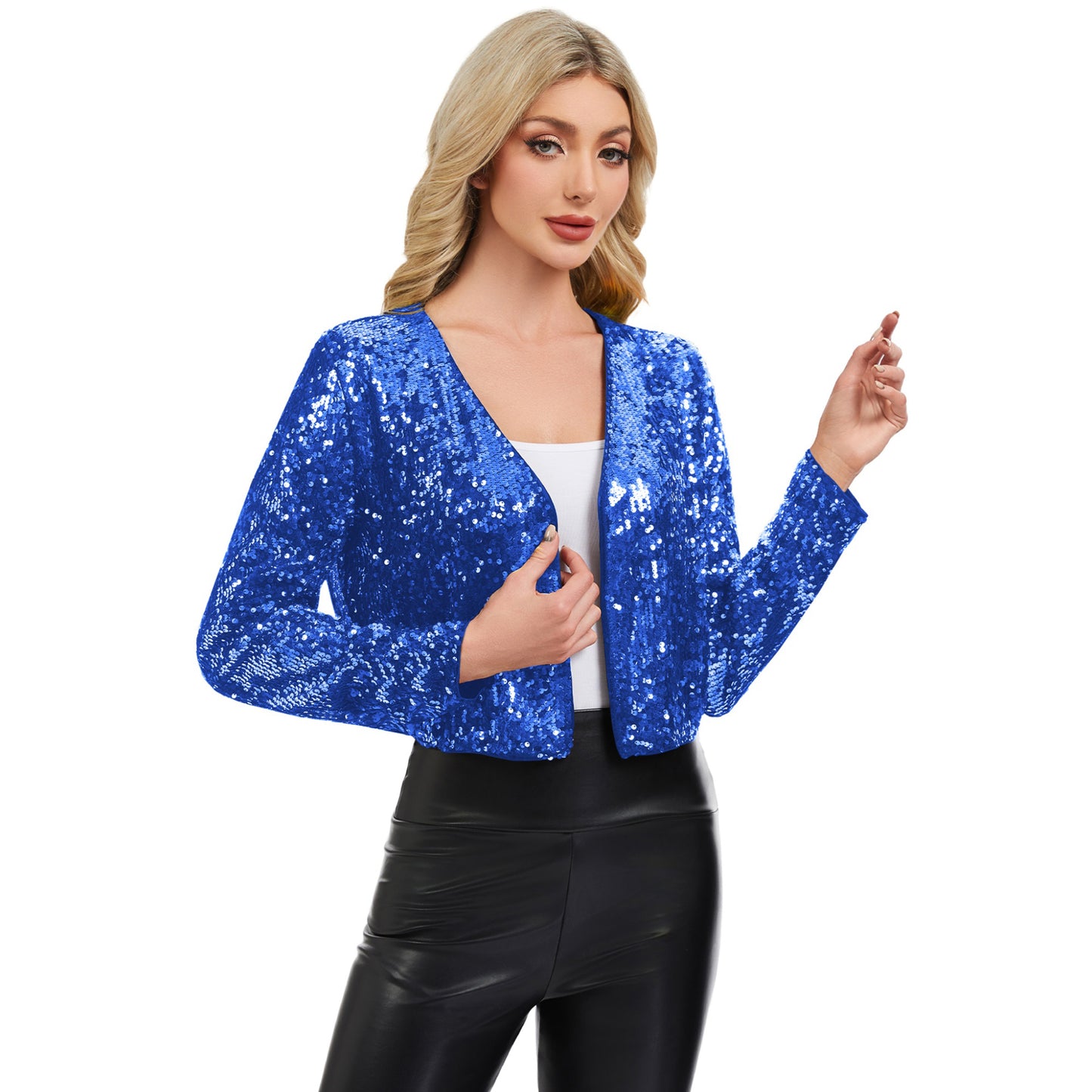 Anna-Kaci Women's Sequin Open Front Cardigan with Long Sleeves and Cropped Fit
