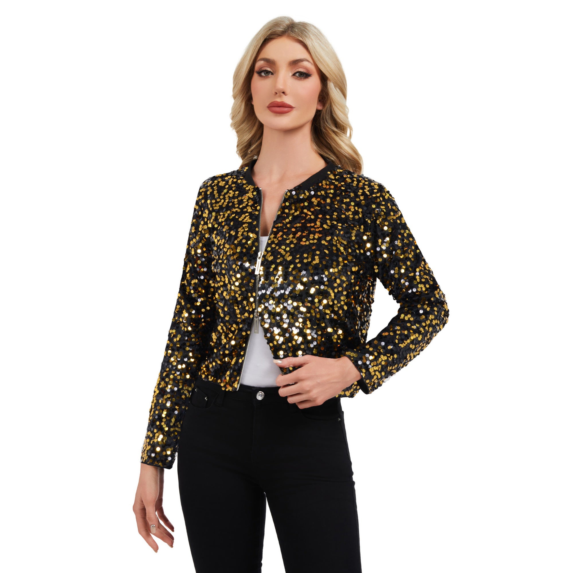 Anna-Kaci Women's Sequin Bomber Jacket with Zipper Front and Ribbed Trim