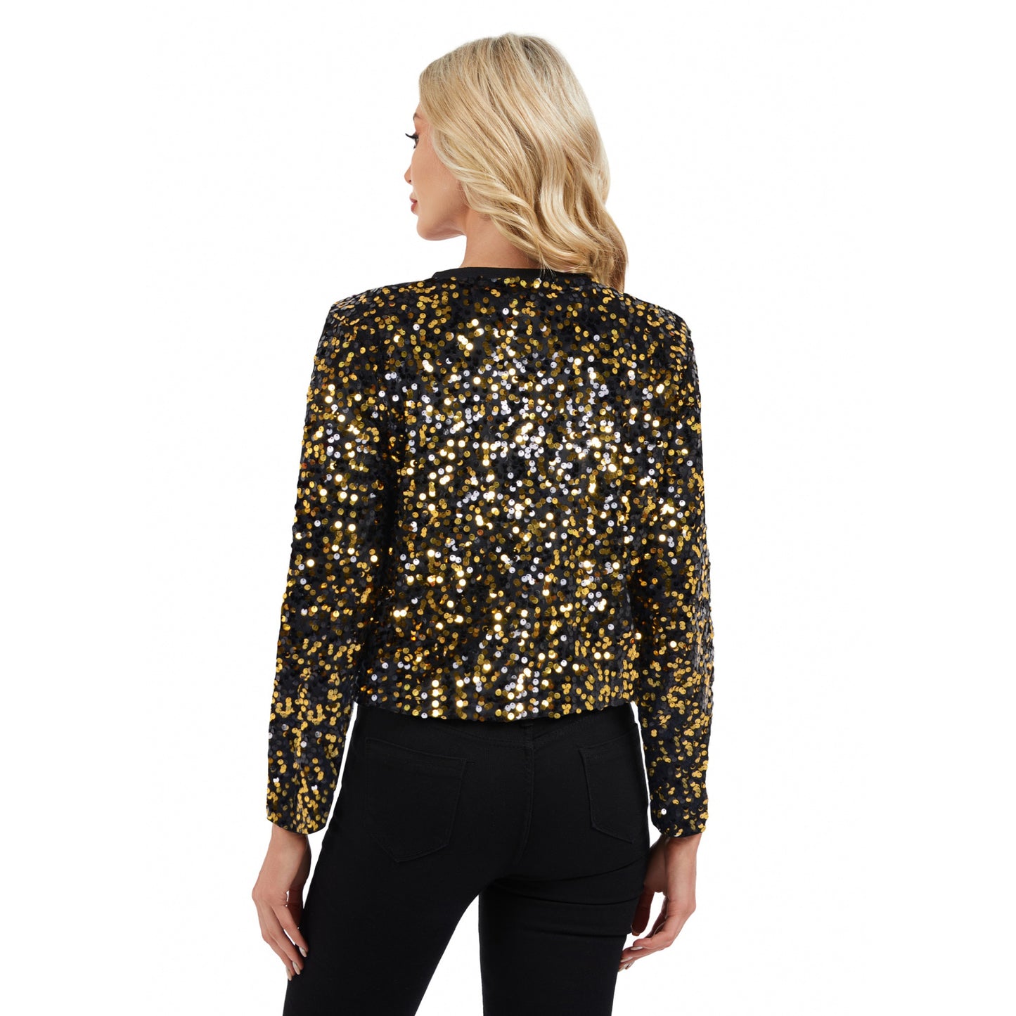 Anna-Kaci Women's Sequin Bomber Jacket with Zipper Front and Ribbed Trim
