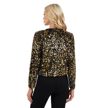 Anna-Kaci Women's Sequin Bomber Jacket with Zipper Front and Ribbed Trim