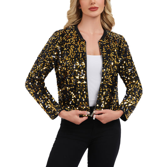 Anna-Kaci Women's Sequin Bomber Jacket with Zipper Front and Ribbed Trim