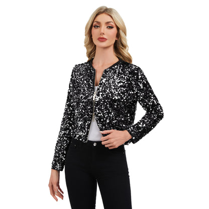 Anna-Kaci Women's Sequin Bomber Jacket with Zipper Front and Ribbed Trim