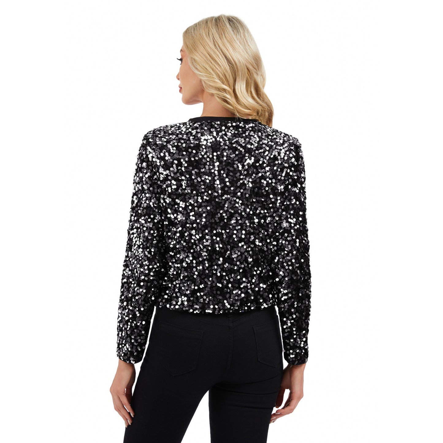 Anna-Kaci Women's Sequin Bomber Jacket with Zipper Front and Ribbed Trim