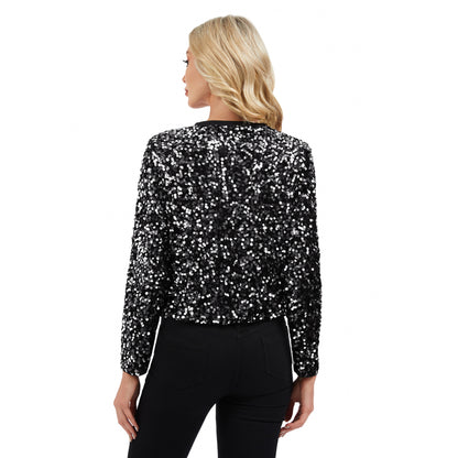 Anna-Kaci Women's Sequin Bomber Jacket with Zipper Front and Ribbed Trim