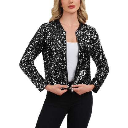 Anna-Kaci Women's Sequin Bomber Jacket with Zipper Front and Ribbed Trim