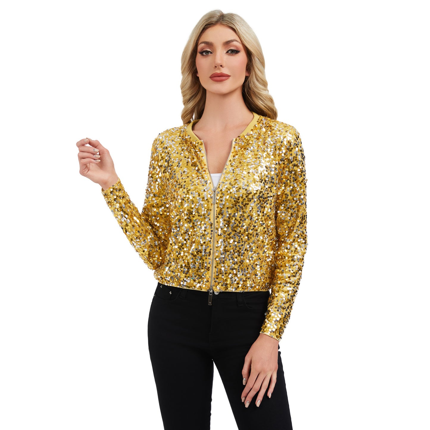 Anna-Kaci Women's Sequin Bomber Jacket with Zipper Front and Ribbed Trim