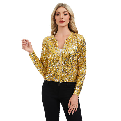 Anna-Kaci Women's Sequin Bomber Jacket with Zipper Front and Ribbed Trim