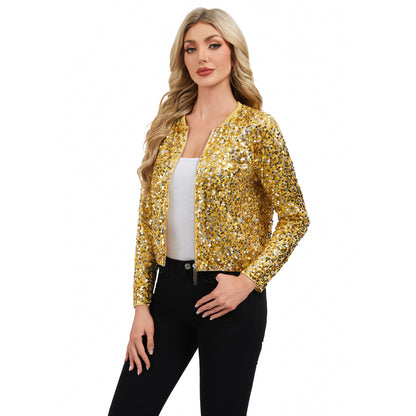 Anna-Kaci Women's Sequin Bomber Jacket with Zipper Front and Ribbed Trim