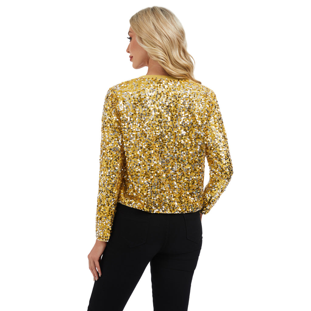 Anna-Kaci Women's Sequin Bomber Jacket with Zipper Front and Ribbed Trim